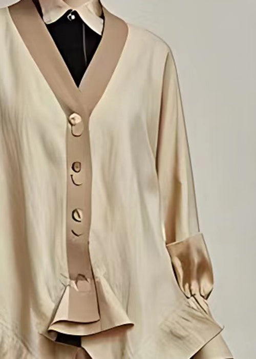 Khaki V Neck Button Cotton Coat Long Sleeve