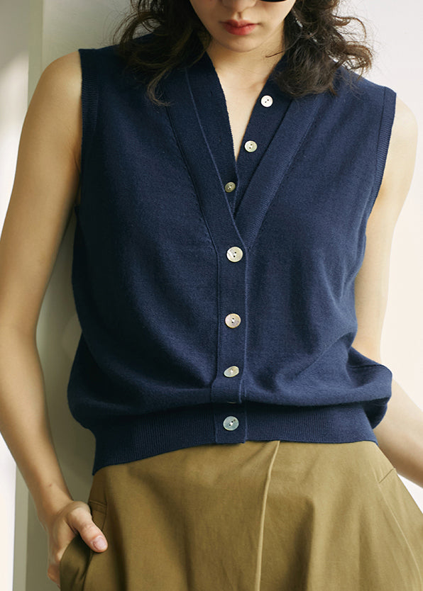 Khaki V Neck Button Woolen Vest Tops Sleeveless