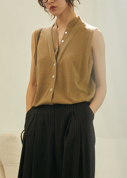 Khaki V Neck Button Woolen Vest Tops Sleeveless