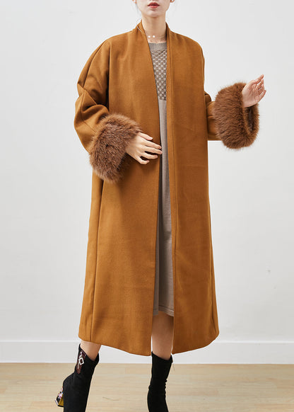 Khaki V Neck Oversized Woolen Trench Spring