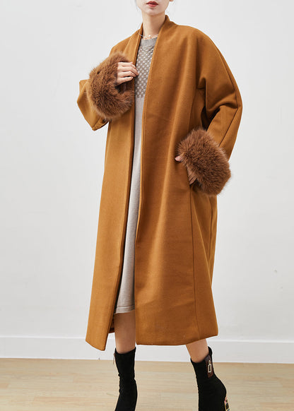 Khaki V Neck Oversized Woolen Trench Spring