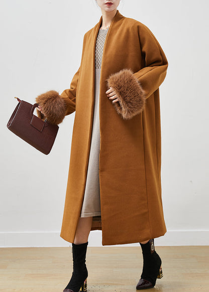Khaki V Neck Oversized Woolen Trench Spring