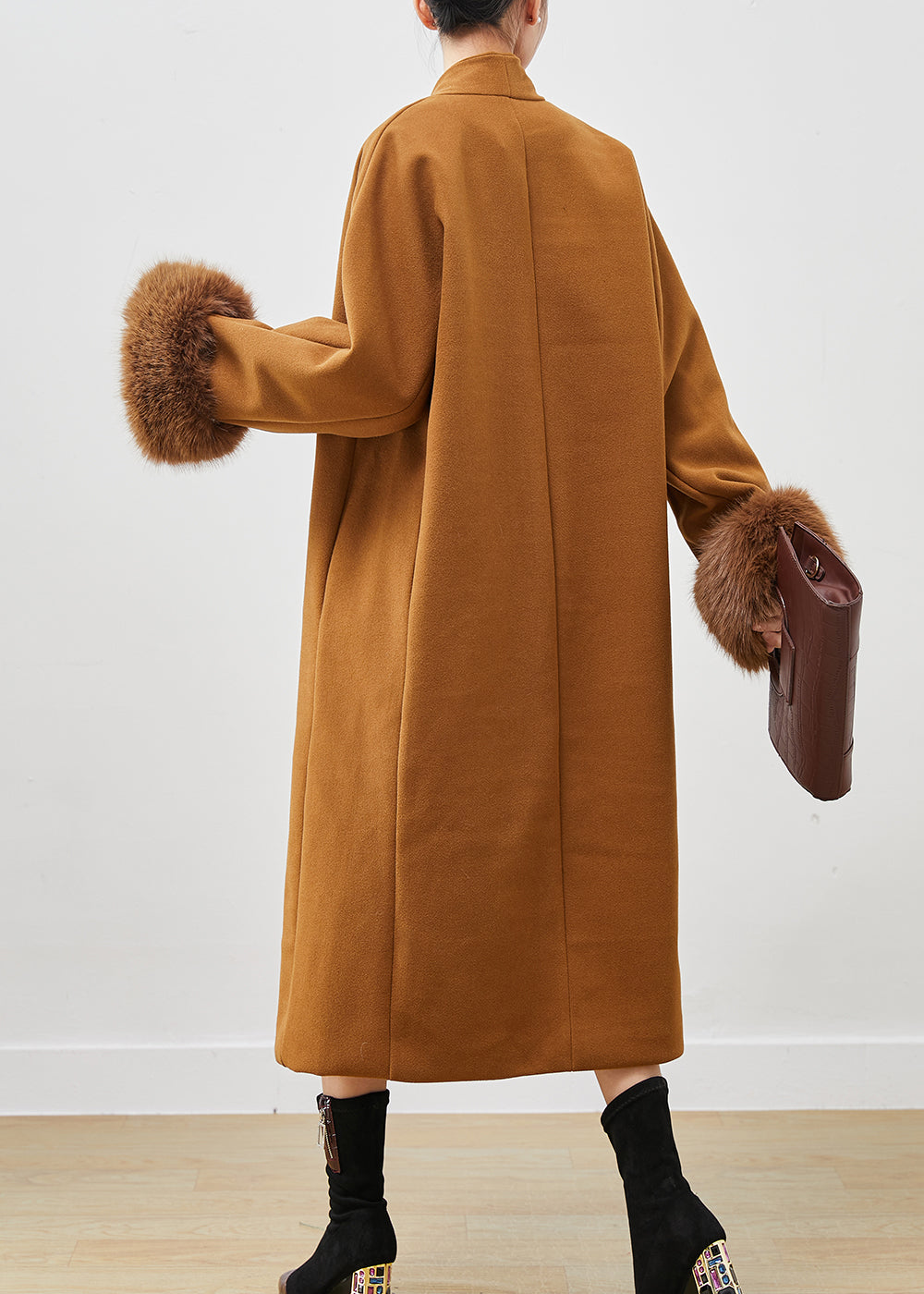 Khaki V Neck Oversized Woolen Trench Spring