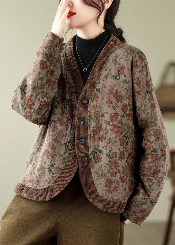 Khaki V Neck Print Fine Cotton Filled Coats Winter