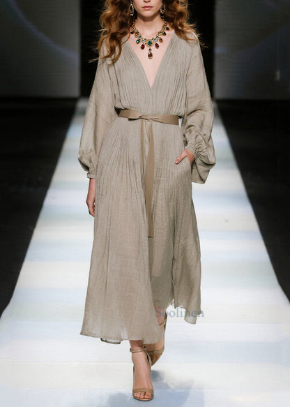 Khaki V Neck Tie Waist Cotton Long Dresses Spring