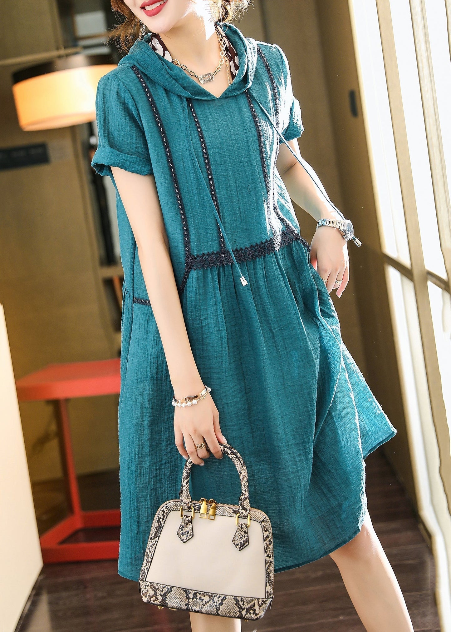 Lake Blue Hooded Pockets Patchwork Cotton Dress Summer