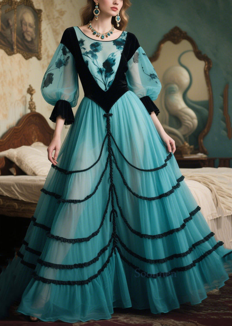 Lake Blue Puff Sleeve Patchwork Tulle Party Dresses