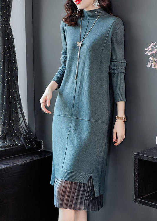 Lake Blue Turtle Neck Patchwork Knit Long Sweater Winter