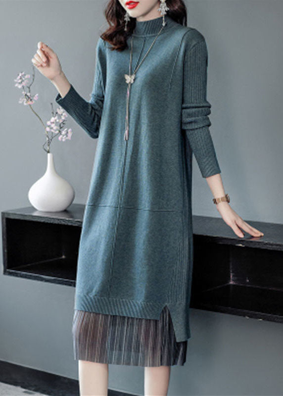 Lake Blue Turtle Neck Patchwork Knit Long Sweater Winter