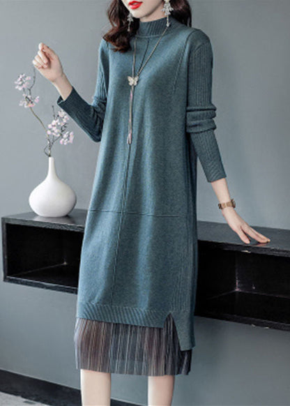 Lake Blue Turtle Neck Patchwork Knit Long Sweater Winter