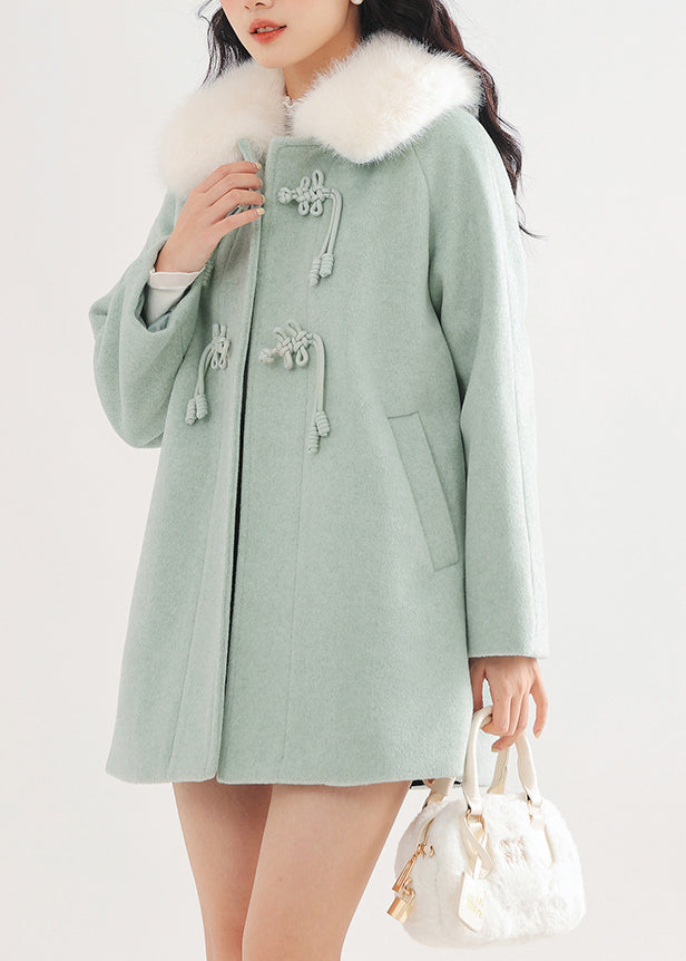 Lake Green Fur Collar Oversized Woolen Coat Winter