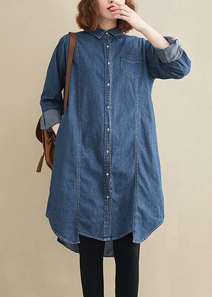 Lapel Patchwork Top Pattern Denim Blue Top
