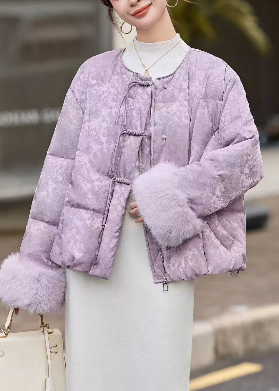 Lavender Chinese Button Jacquard Duck Down Down Coat Winter