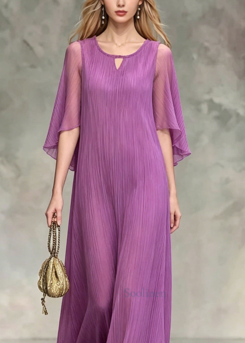 Lavender O Neck Silk Maxi Dress Summer