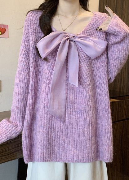 Lavender Oversized Bow Knit Cozy Sweaters Winter