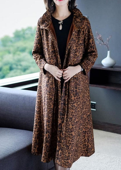 Leopard Pockets Patchwork Warm Fleece Trench Winter