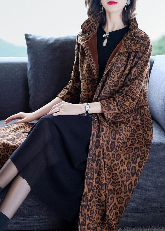 Leopard Pockets Patchwork Warm Fleece Trench Winter