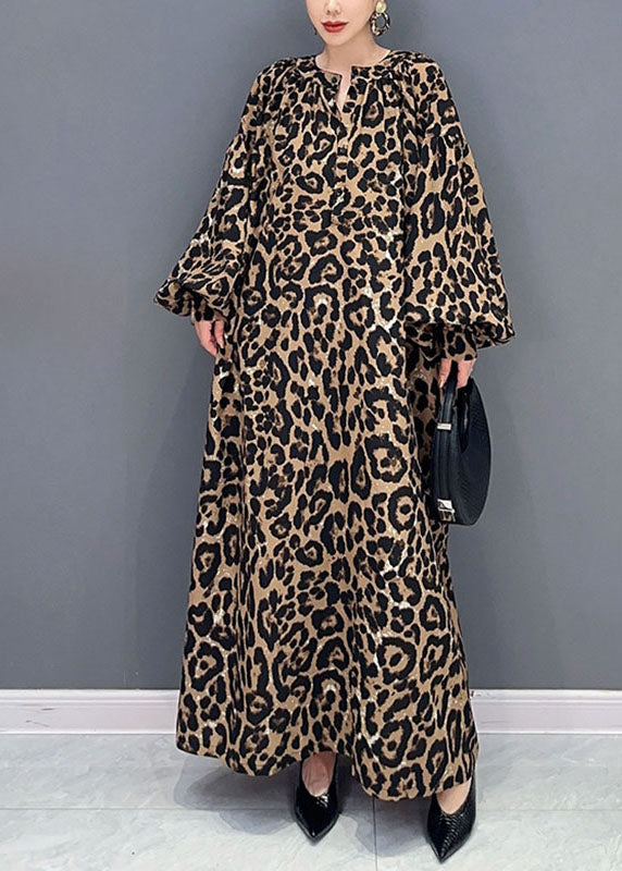 Leopard Print O-neck Long Dress Long Sleeve