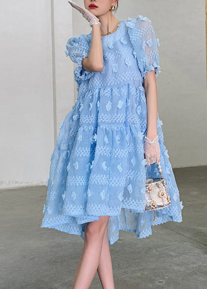 Light Blue O-neck Zippered Long Dresses Puff Sleeve