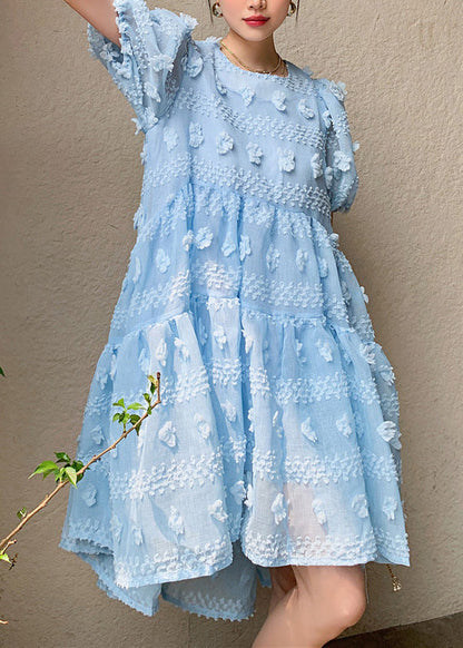 Light Blue O-neck Zippered Long Dresses Puff Sleeve