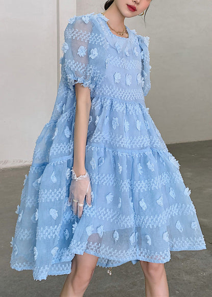 Light Blue O-neck Zippered Long Dresses Puff Sleeve