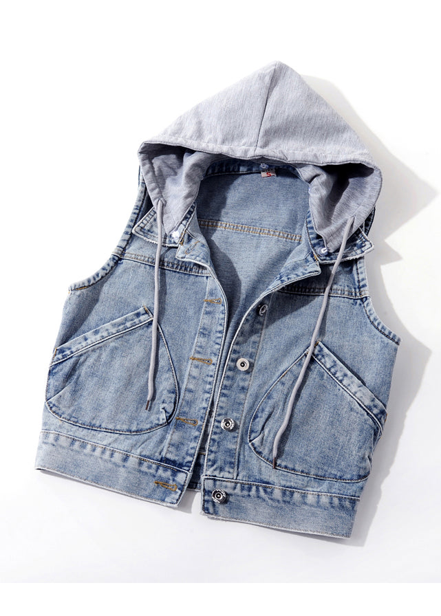 Light Blue Patchwork Pockets Hooded Denim Waistcoat Sleeveless