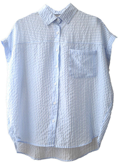 Light Blue Peter Pan Collar Striped Pocket Silk Shirts Short Sleeve