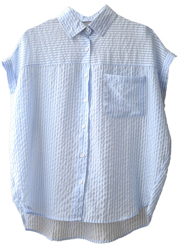 Light Blue Peter Pan Collar Striped Pocket Silk Shirts Short Sleeve