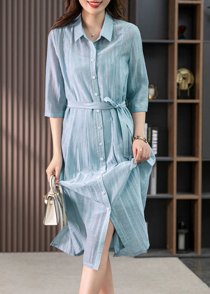 Light Blue Peter Pan Collar Tie Waist Linen Maxi Dresses Summer