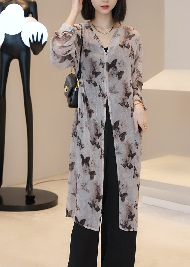 Light Brown V Neck Print Long Cardigan Summer