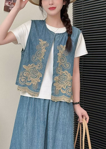 Light Green Embroideried Denim Vests Summer