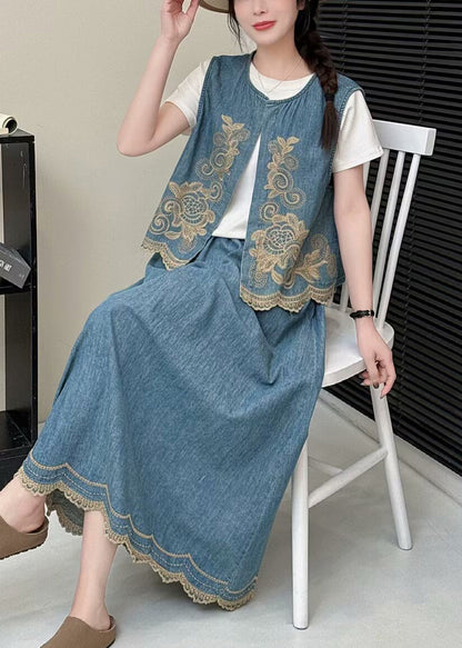 Light Green Embroideried Denim Vests Summer
