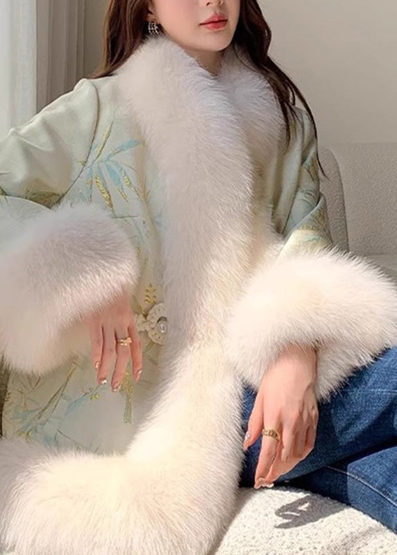 Light Green Fox Collar Embroidered Leather and Fur Coats Winter