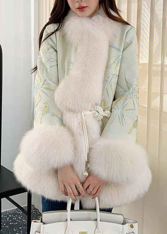 Light Green Fox Collar Embroidered Leather and Fur Coats Winter