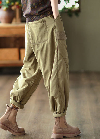 Light Green Pockets Patchwork Fleece Harem Pants