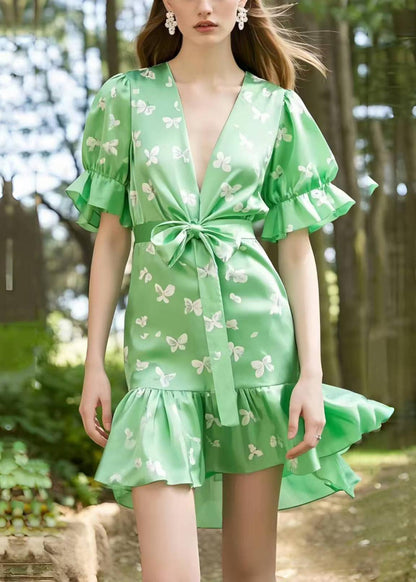Light Green Puff Sleeve Butterfly Silk Day Dress