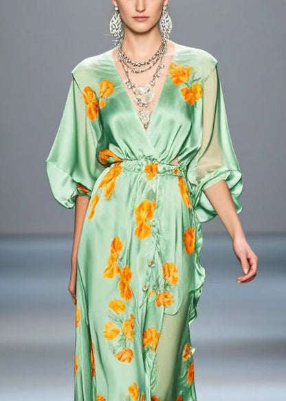 Light Green Ruffled Print Silk Long Dress Spring