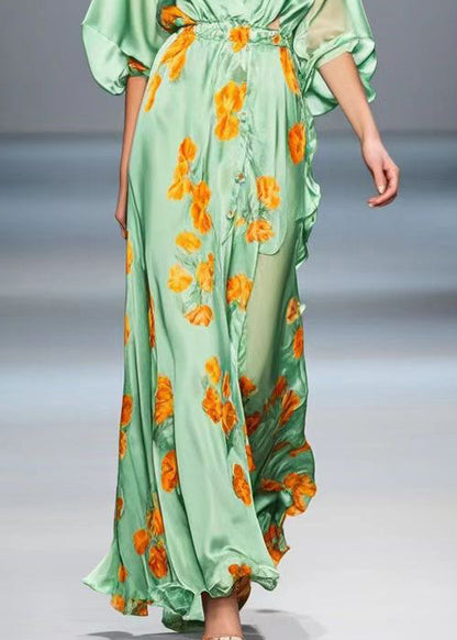 Light Green Ruffled Print Silk Long Dress Spring