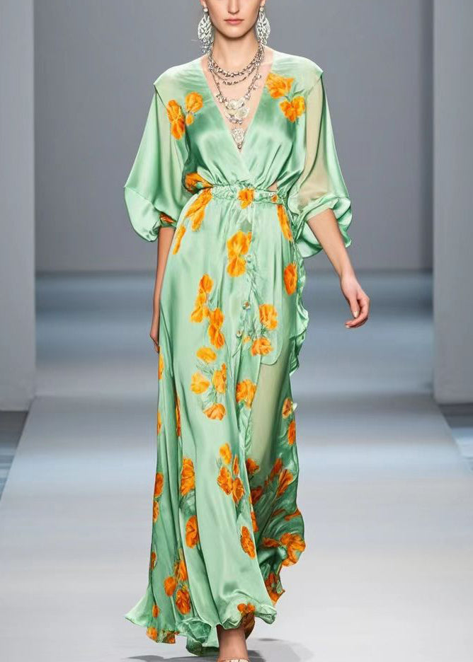 Light Green Ruffled Print Silk Long Dress Spring