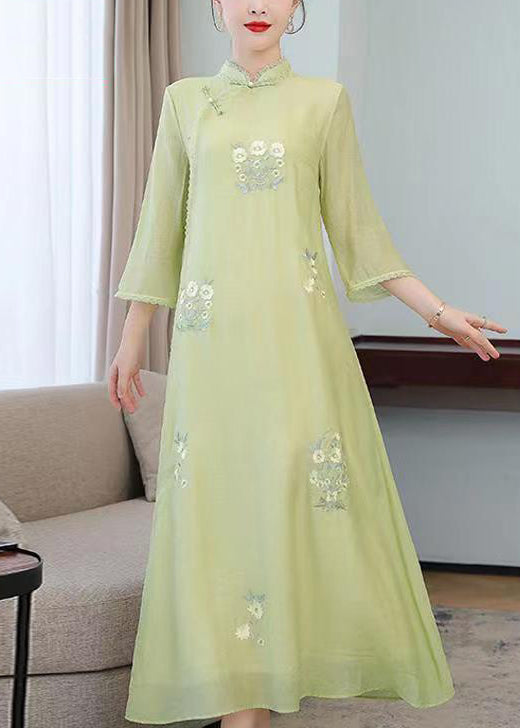 Light Green Stand Collar Embroidered Silk Long Dresses Half Sleeve