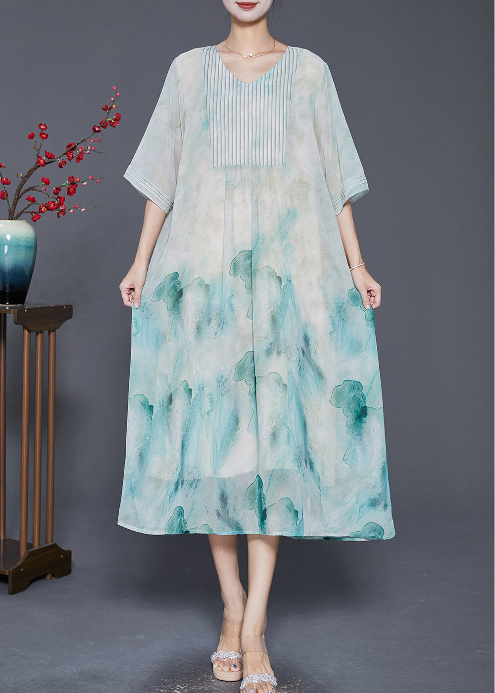 Light Green Tie Dye Wrinkled Chiffon a Line Dresses Summer
