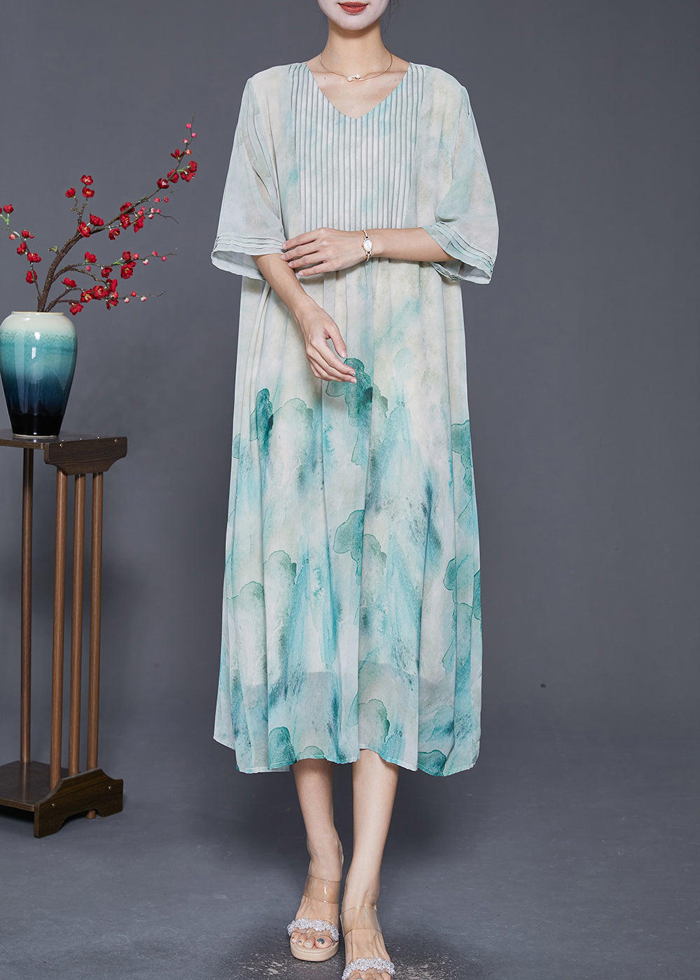 Light Green Tie Dye Wrinkled Chiffon a Line Dresses Summer