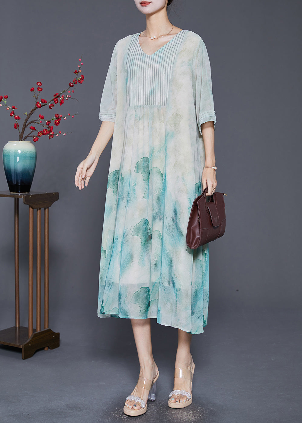 Light Green Tie Dye Wrinkled Chiffon a Line Dresses Summer