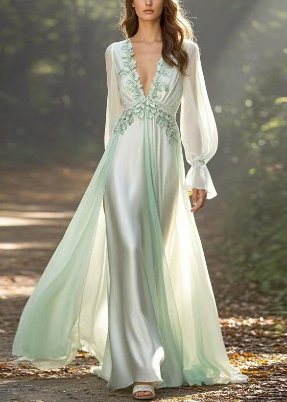 Light Green V Neck Front Open Chiffon Long Dress Spring