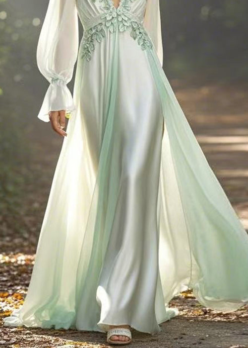 Light Green V Neck Front Open Chiffon Long Dress Spring