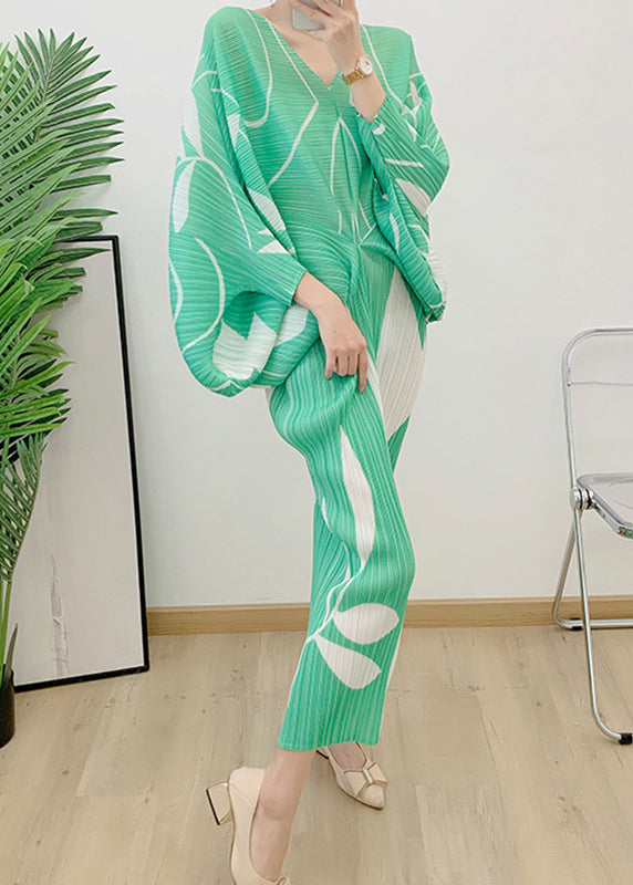 Light Green V Neck Print Wrinkled Vacation Dresses Long Sleeve