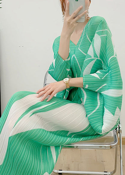 Light Green V Neck Print Wrinkled Vacation Dresses Long Sleeve
