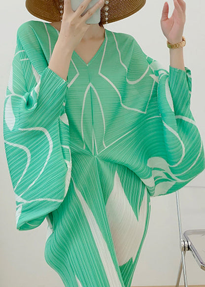 Light Green V Neck Print Wrinkled Vacation Dresses Long Sleeve