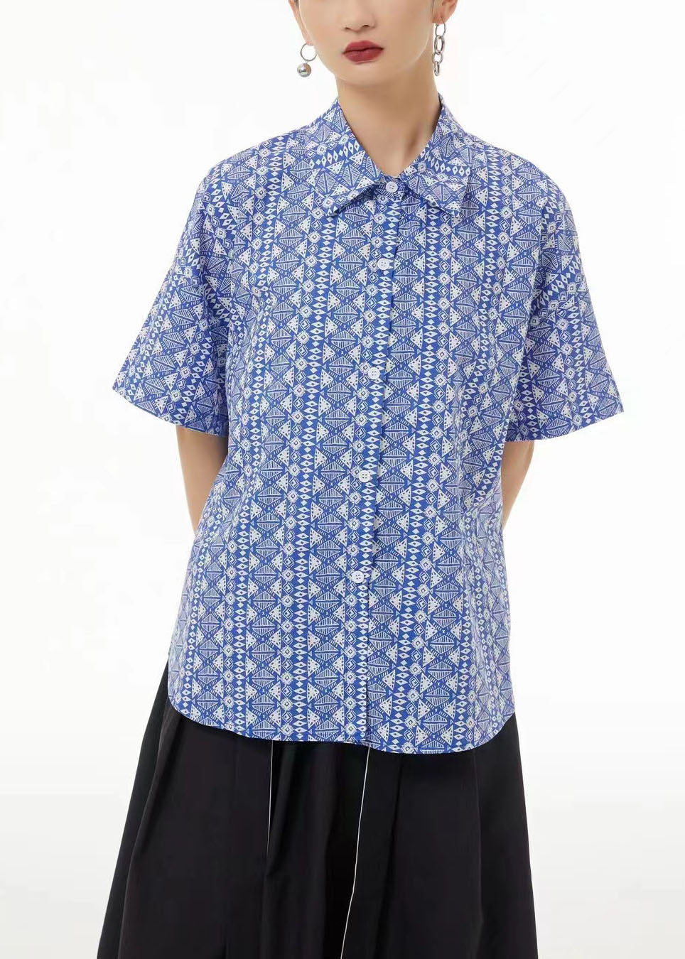 Light Grey Peter Pan Collar Print Cotton Shirt Top Short Sleeve