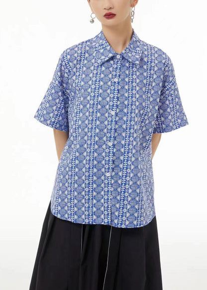 Light Grey Peter Pan Collar Print Cotton Shirt Top Short Sleeve